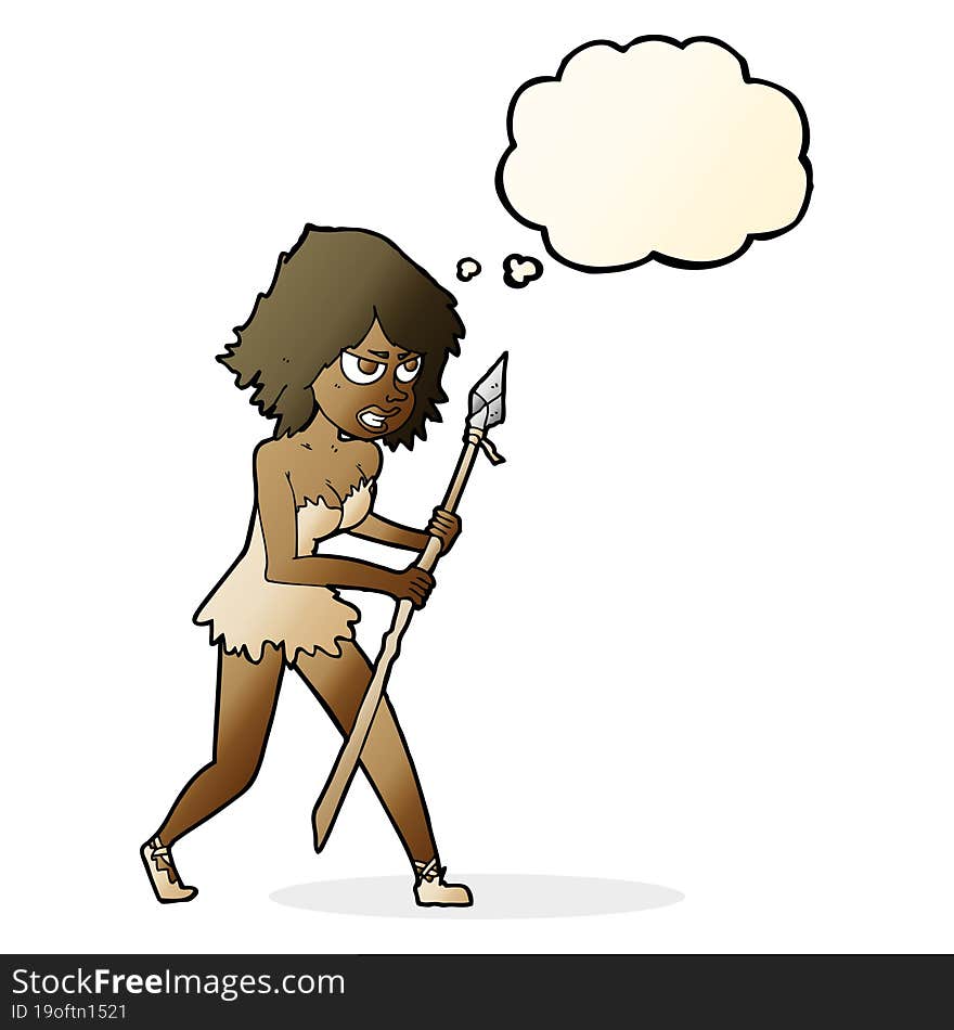 cartoon cave girl with thought bubble