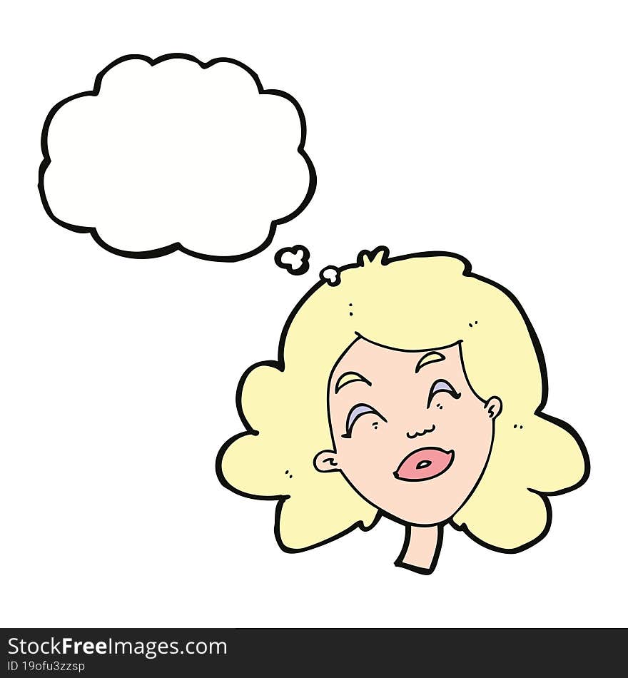 cartoon happy female face with thought bubble