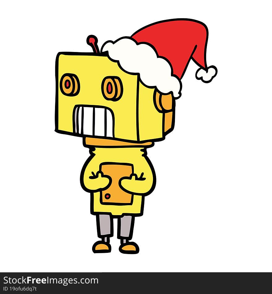 line drawing of a robot wearing santa hat