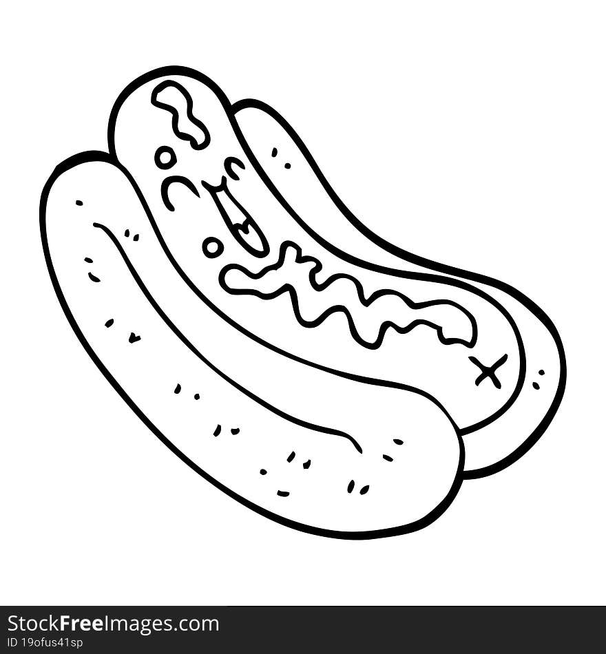 line drawing cartoon hotdog in bun with ketchup