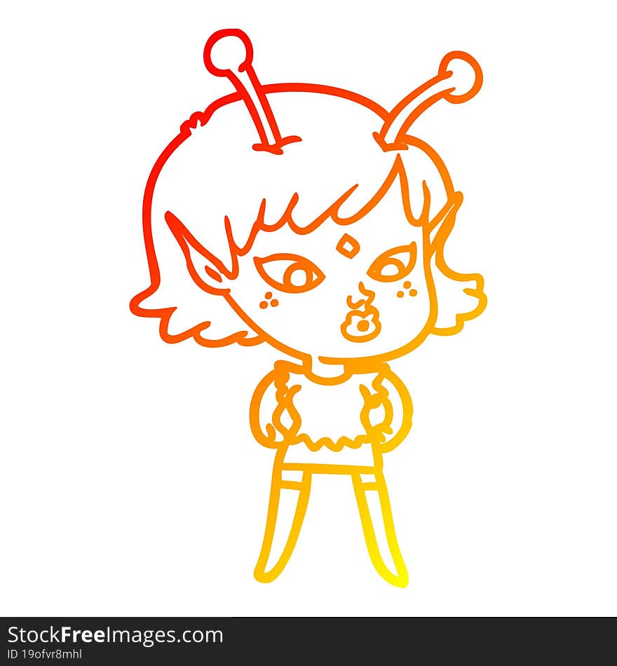 warm gradient line drawing pretty cartoon alien girl