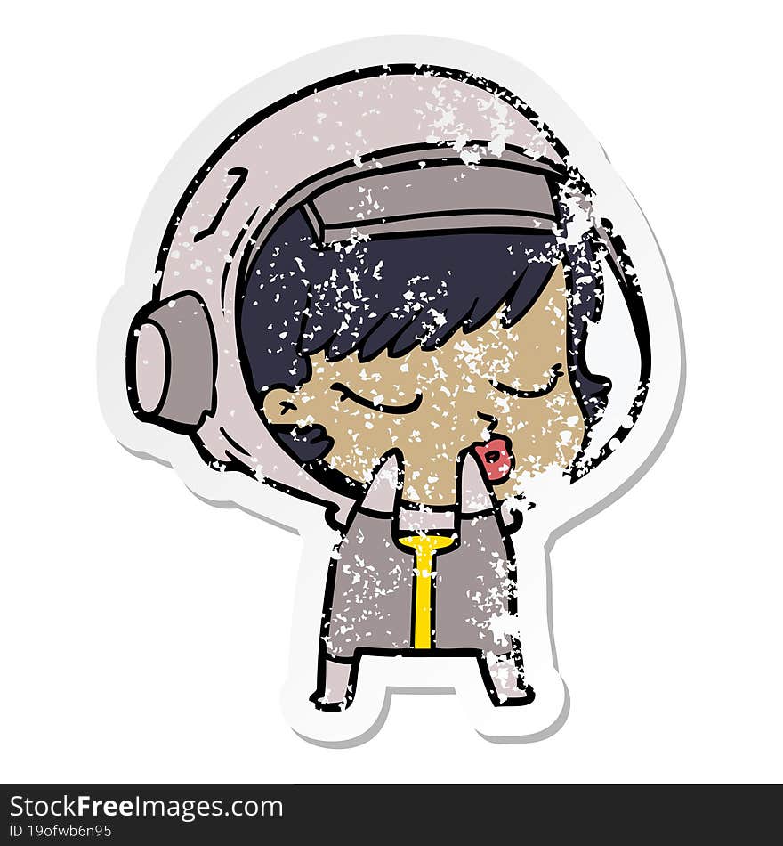 Distressed Sticker Of A Shy Cartoon Pretty Astronaut Girl