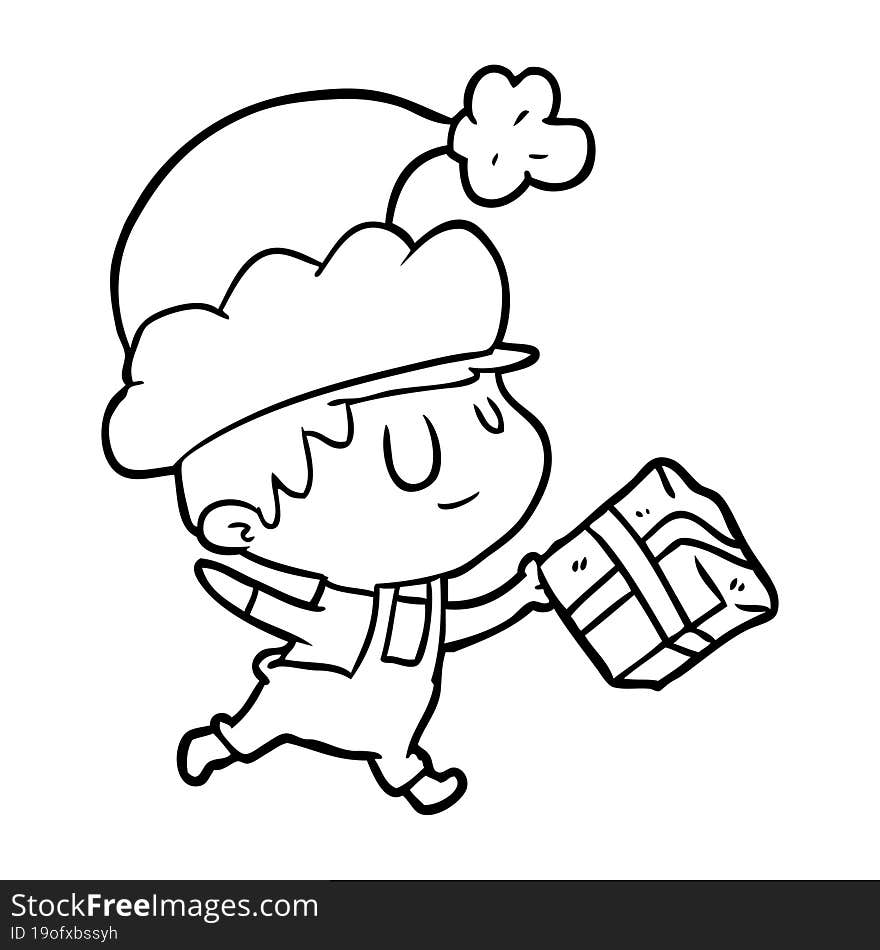 line drawing of a happy christmas elf with present. line drawing of a happy christmas elf with present