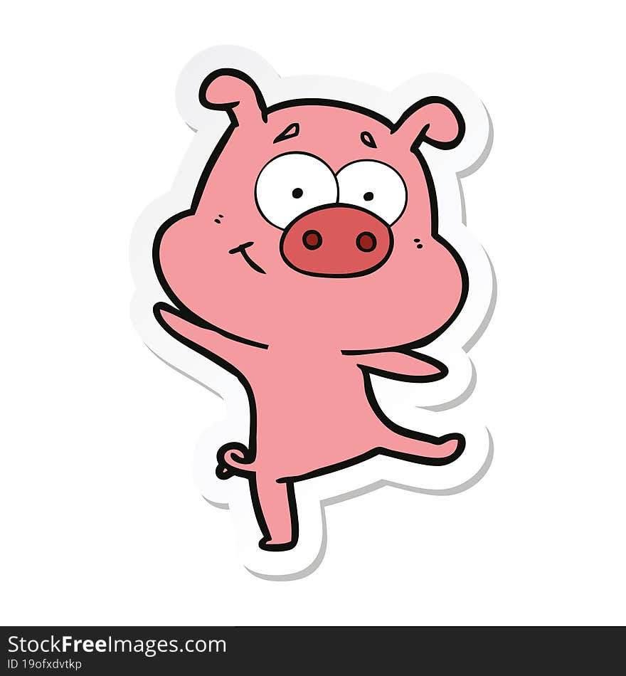 sticker of a happy cartoon pig dancing