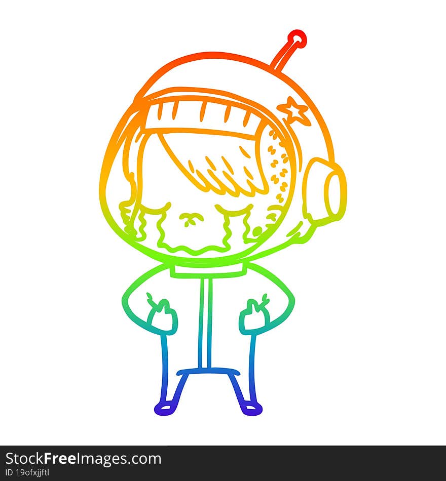 rainbow gradient line drawing of a cartoon crying astronaut girl