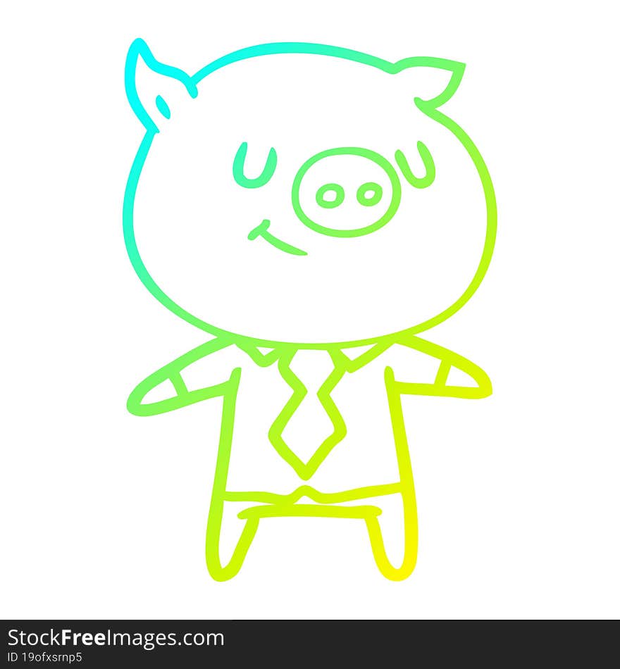 cold gradient line drawing of a happy cartoon smart pig