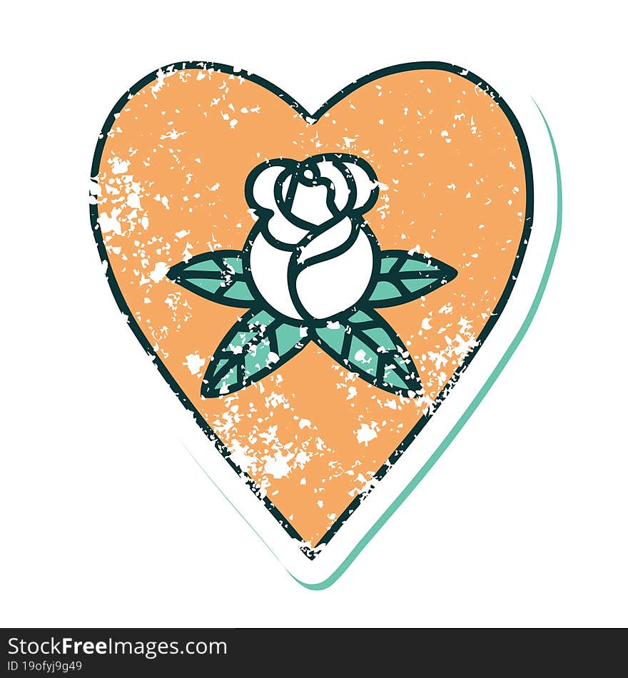 iconic distressed sticker tattoo style image of a heart and flowers. iconic distressed sticker tattoo style image of a heart and flowers