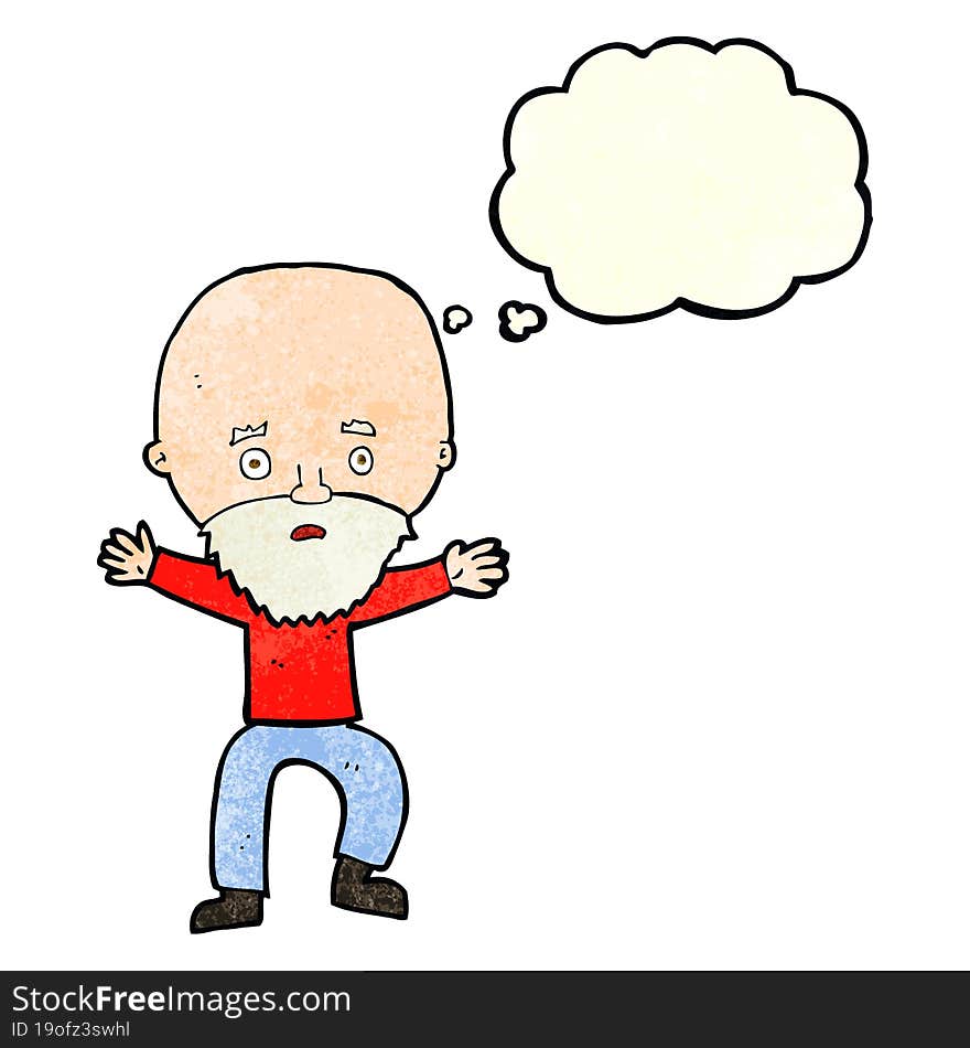 cartoon panicking old man with thought bubble