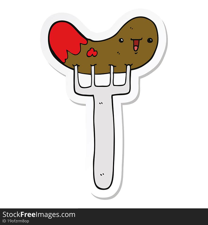 Sticker Of A Cartoon Sausage And Fork