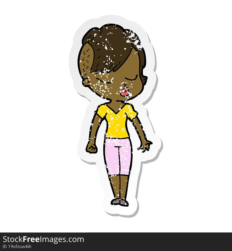 distressed sticker of a cartoon pretty hipster girl