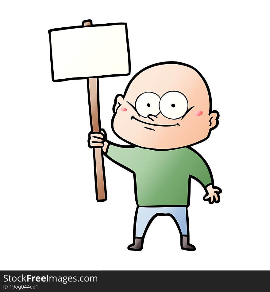 cartoon bald man staring with sign. cartoon bald man staring with sign