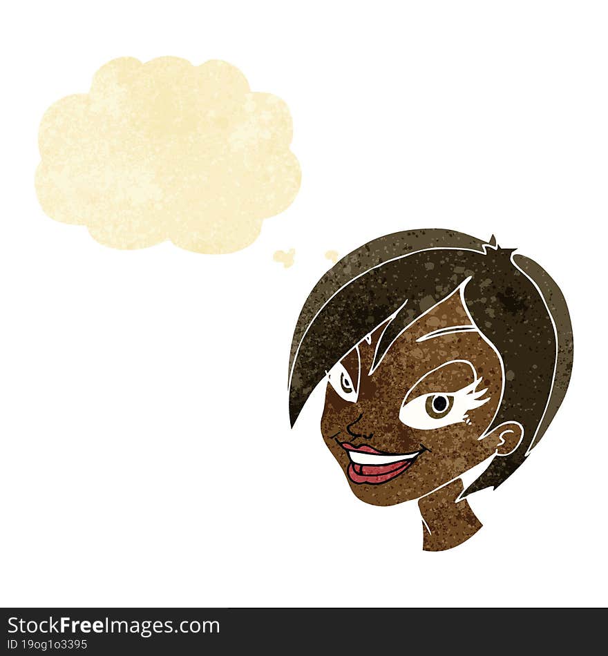 cartoon pretty female face with thought bubble