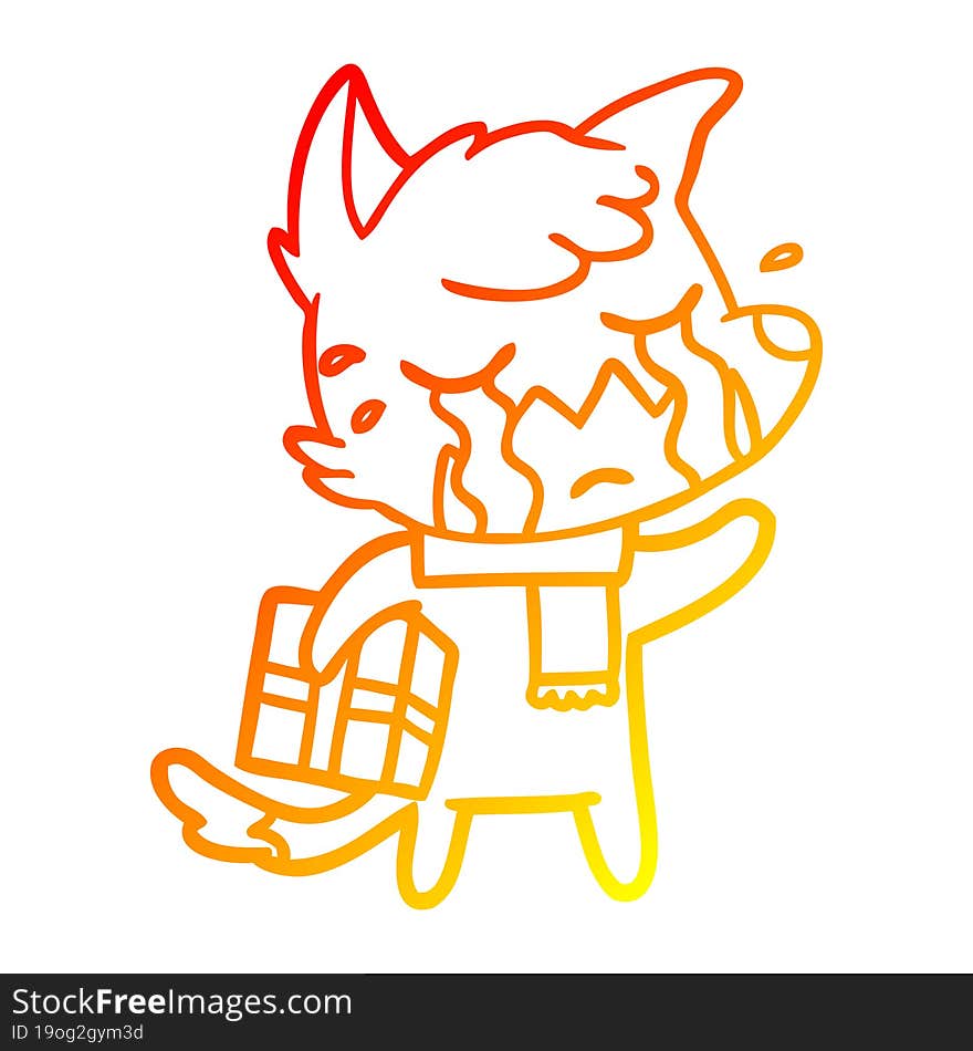 warm gradient line drawing of a crying christmas fox cartoon