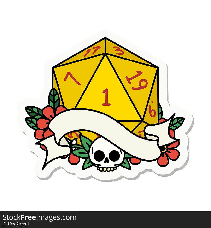 sticker of a natural one d20 dice roll. sticker of a natural one d20 dice roll