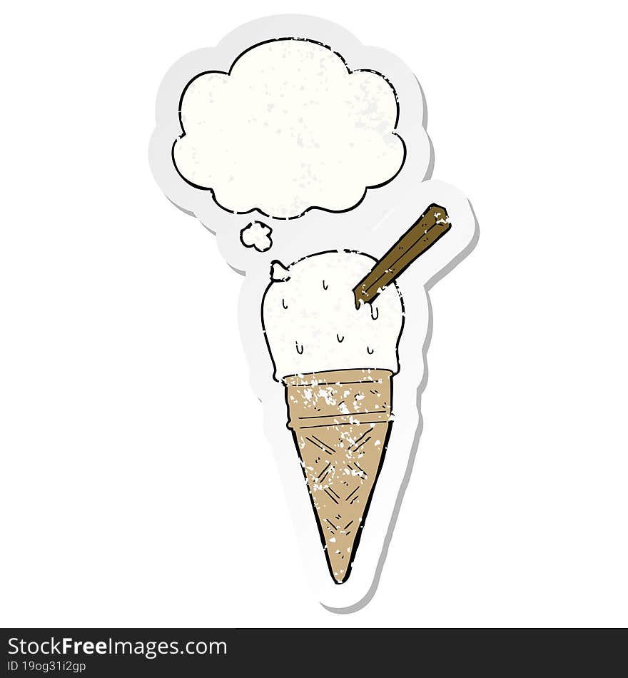 Cartoon Ice Cream And Thought Bubble As A Distressed Worn Sticker