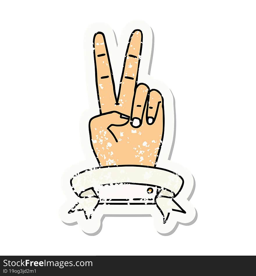 Retro Tattoo Style peace two finger hand gesture with banner. Retro Tattoo Style peace two finger hand gesture with banner