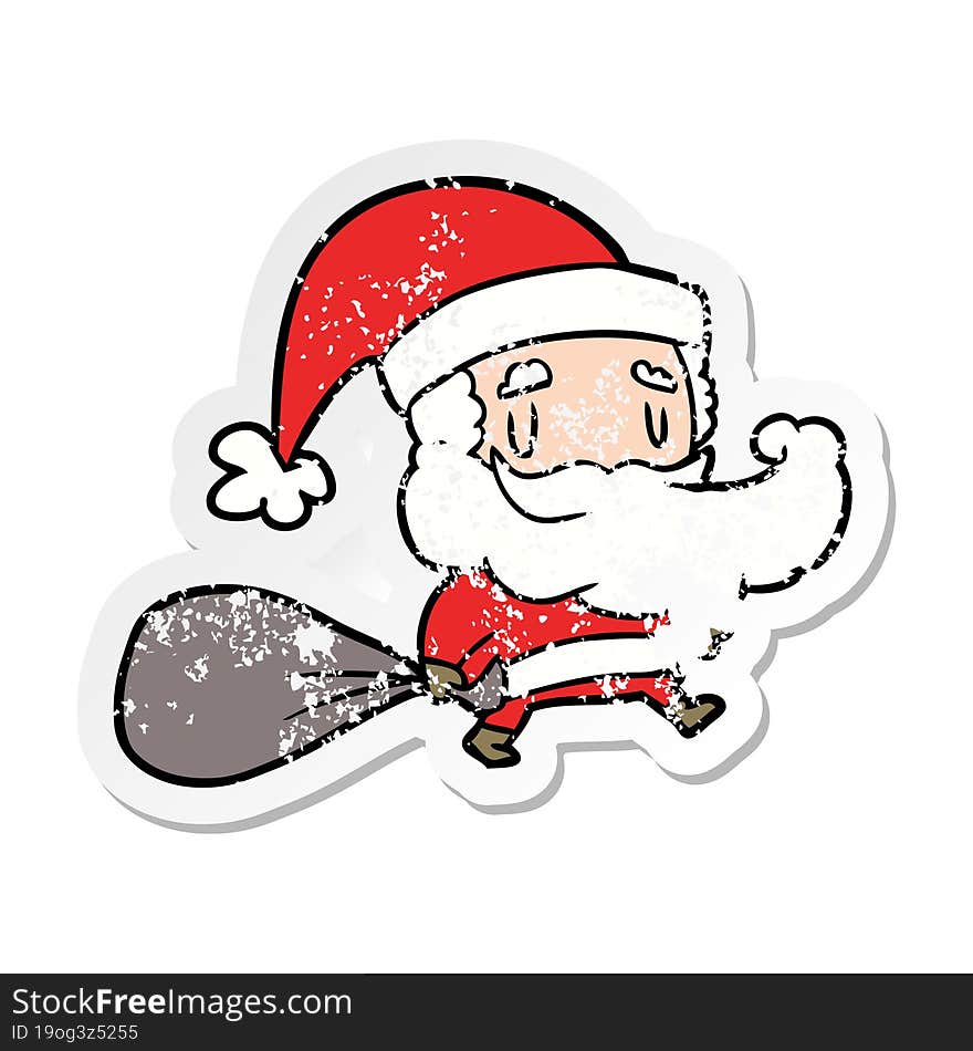 distressed sticker of a cartoon santa claus with sack