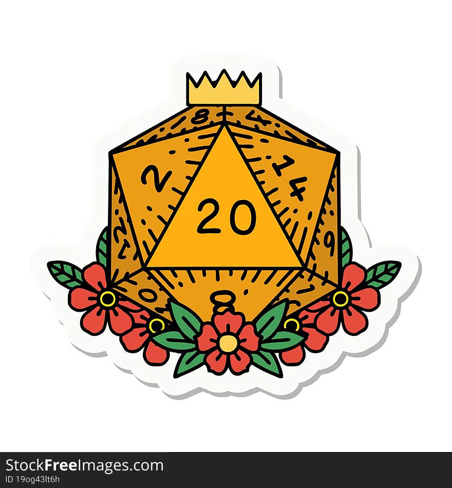 Natural 20 D20 Dice Roll With Floral Elements Sticker