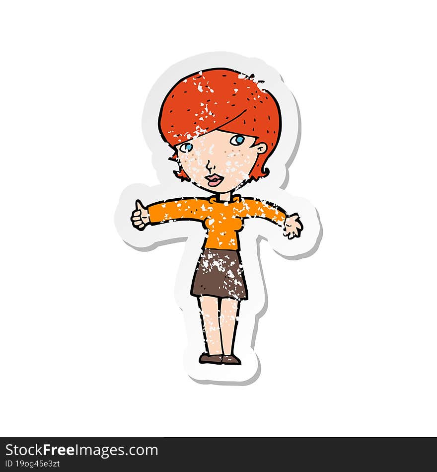 retro distressed sticker of a cartoon woman giving thumbs up symbol