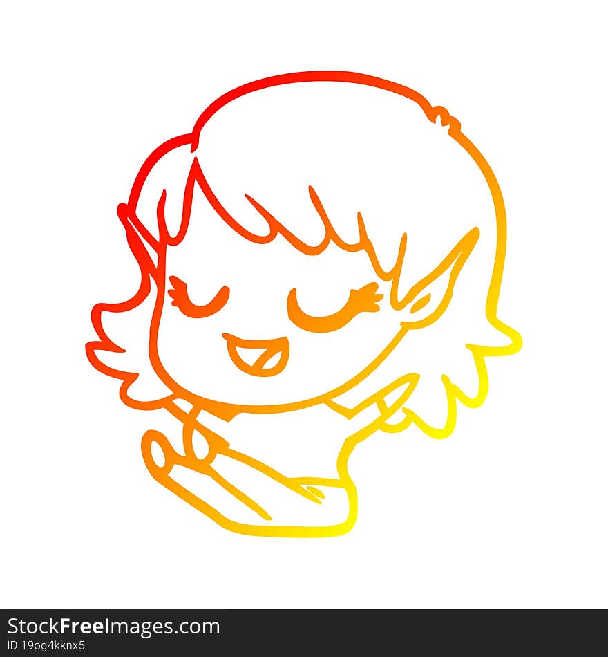 warm gradient line drawing happy cartoon elf girl sitting