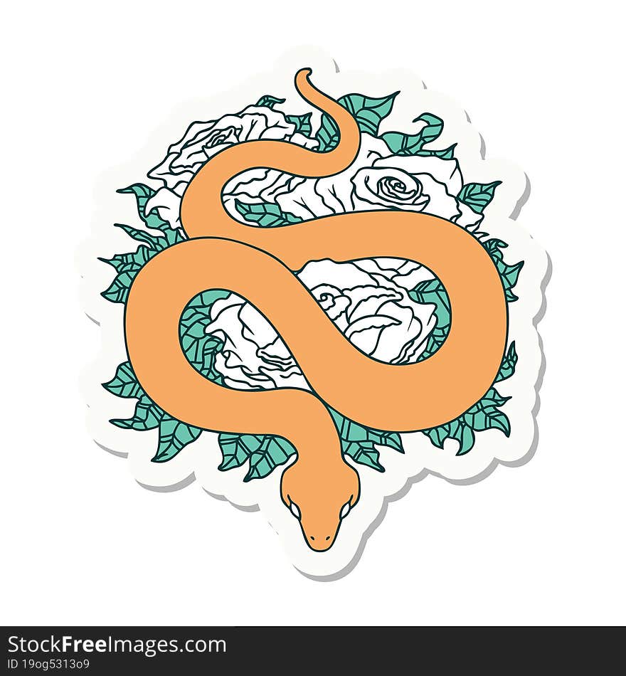 sticker of tattoo in traditional style of snake and roses. sticker of tattoo in traditional style of snake and roses