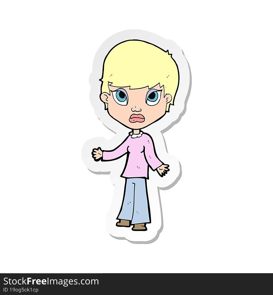 sticker of a cartoon woman shrugging shoulders