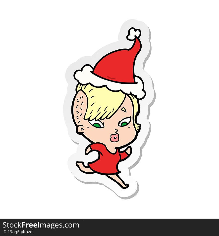 sticker cartoon of a surprised girl wearing santa hat