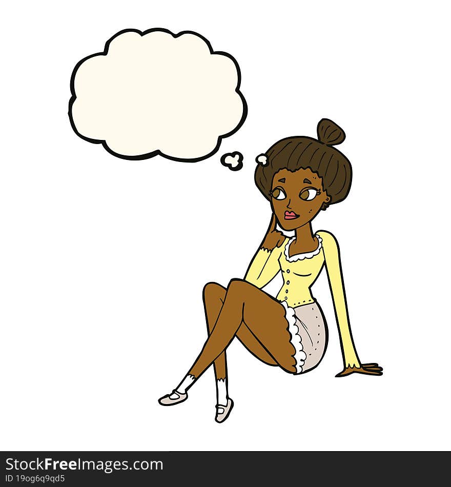 Cartoon Attractive Woman Sitting Thinking With Thought Bubble