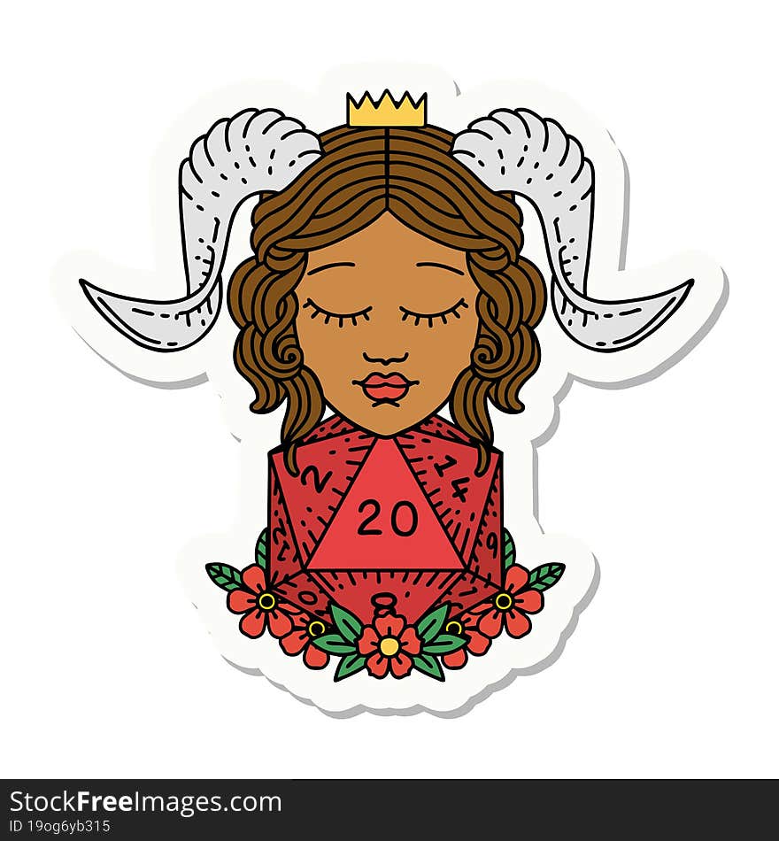 tiefling with natural twenty d20 dice roll sticker