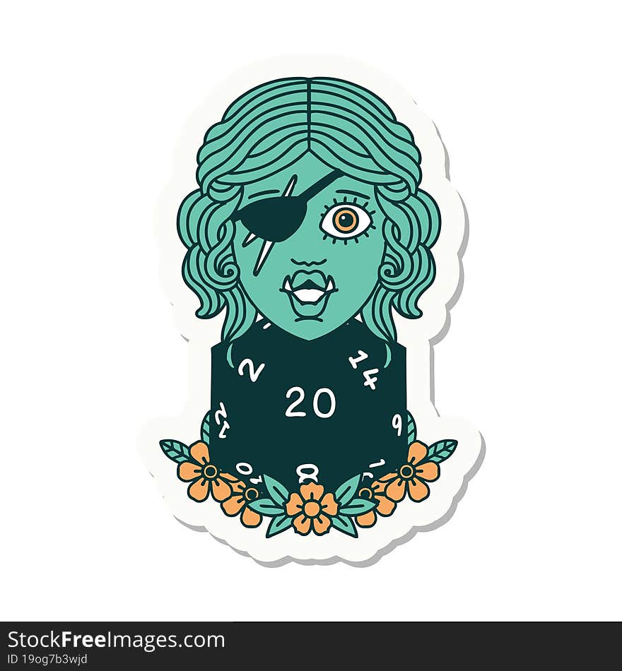 half orc rogue with natural 20 dice roll sticker