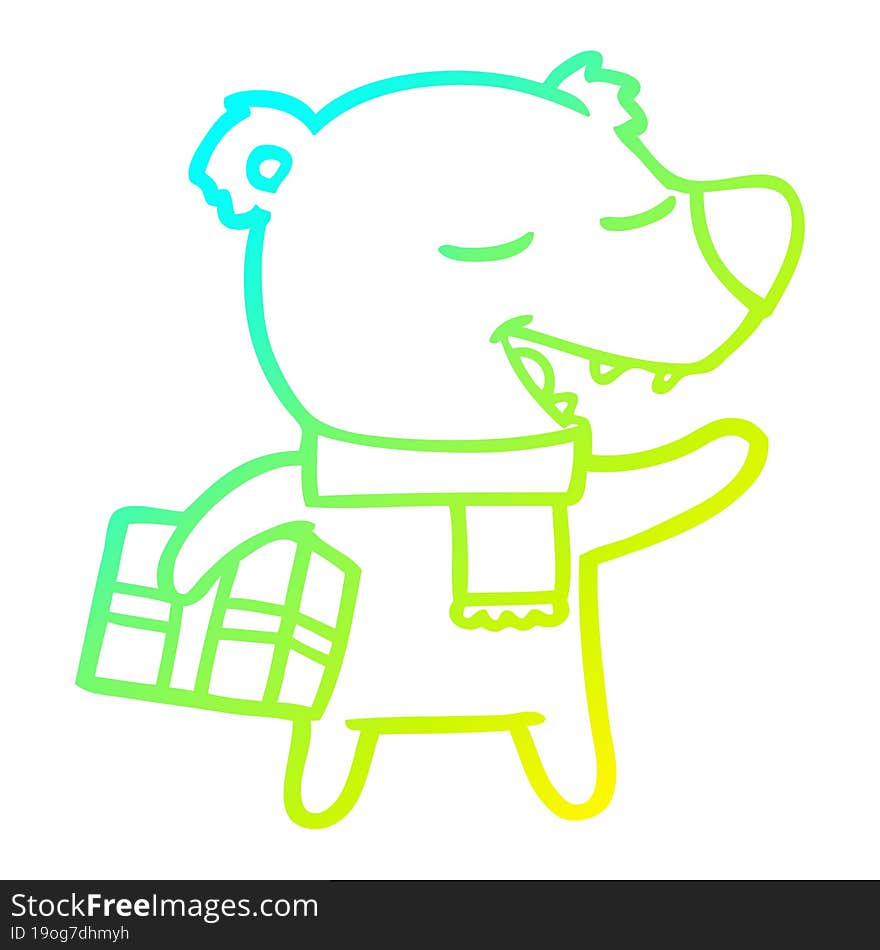 Cold Gradient Line Drawing Cartoon Bear With Present