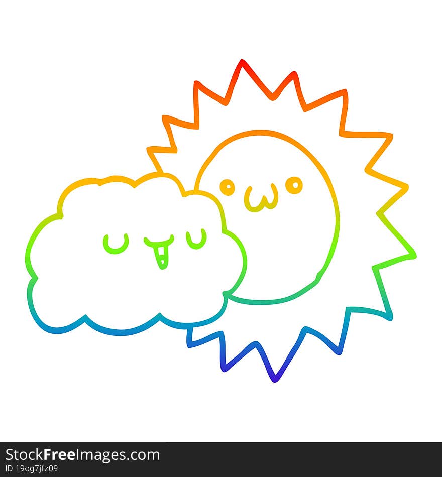 rainbow gradient line drawing cartoon sun and cloud