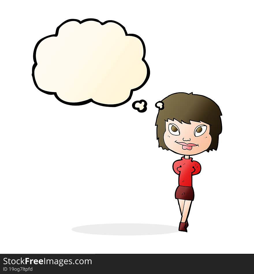 cartoon happy woman with thought bubble