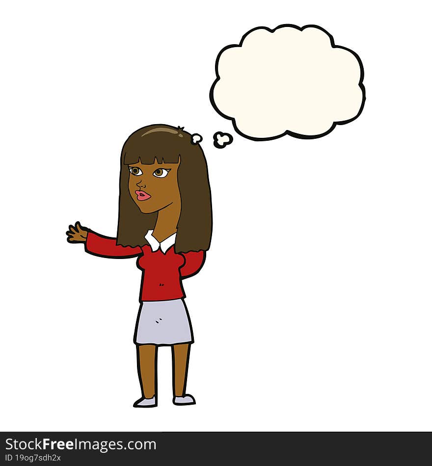 Cartoon Woman Gesturing To Show Something With Thought Bubble