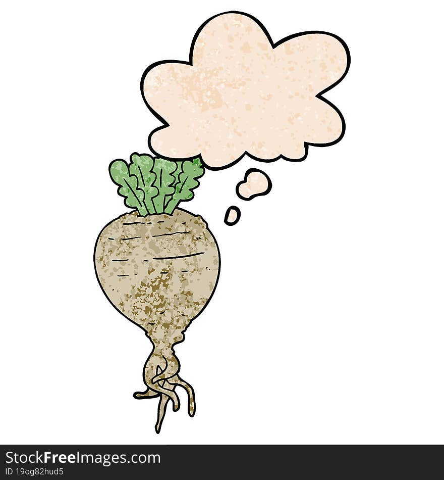 cartoon root vegetable and thought bubble in grunge texture pattern style