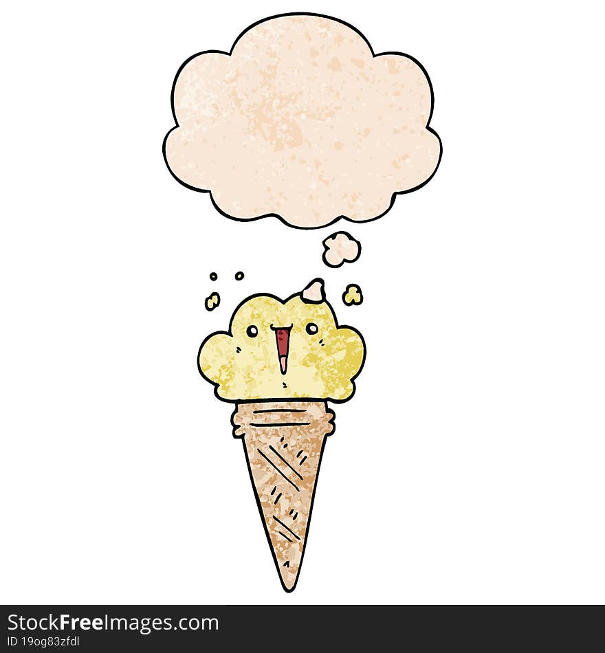 cartoon ice cream with face with thought bubble in grunge texture style. cartoon ice cream with face with thought bubble in grunge texture style