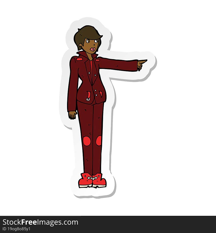 sticker of a cartoon woman in leather jacket pointing