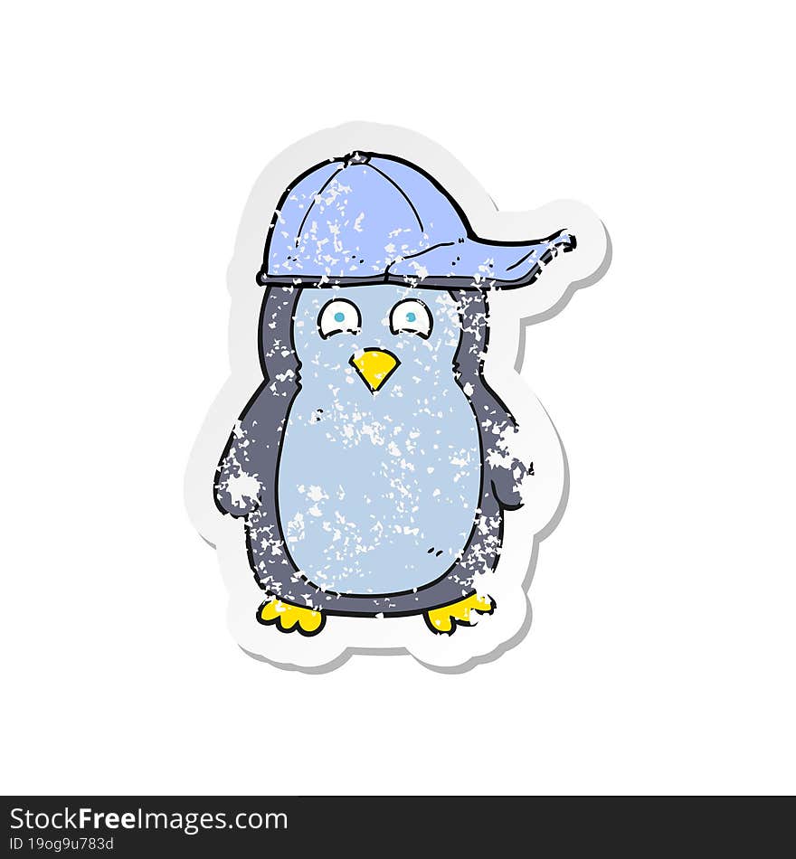 Retro Distressed Sticker Of A Cartoon Penguin Wearing Hat