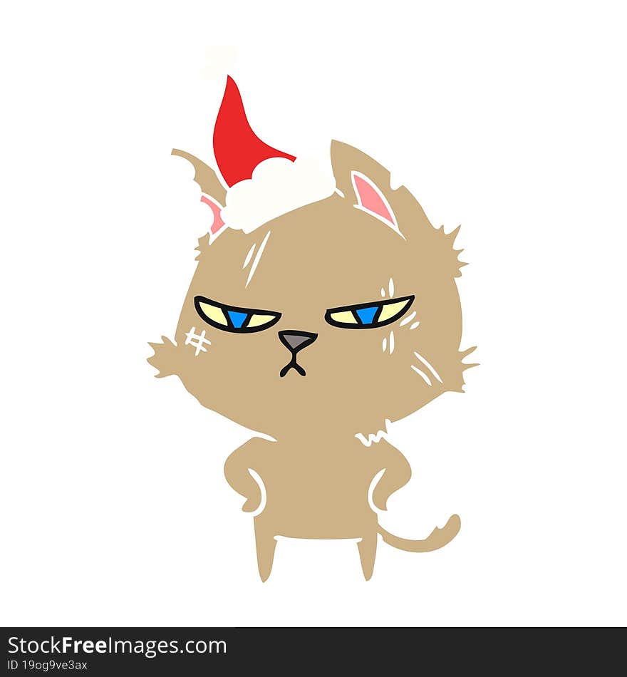 tough flat color illustration of a cat wearing santa hat