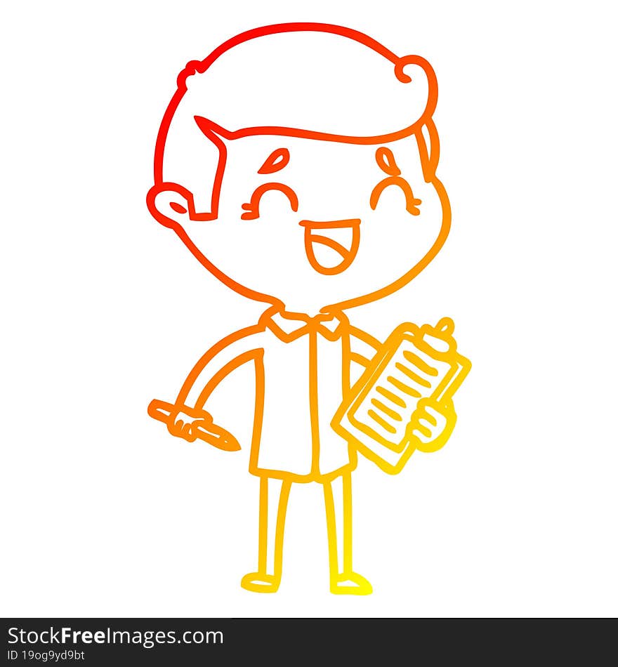 warm gradient line drawing of a cartoon laughing man with clip board