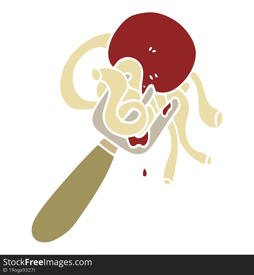 flat color illustration cartoon spaghetti and meatballs on fork