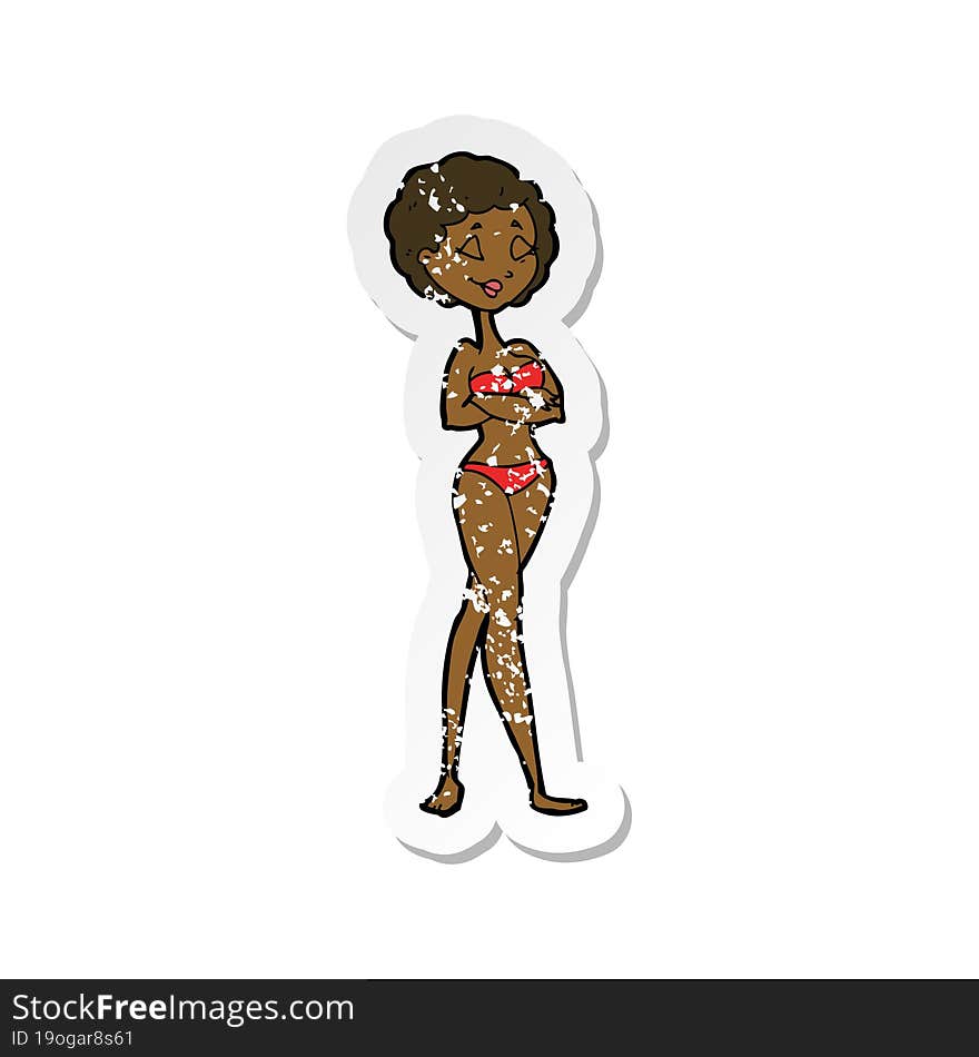 retro distressed sticker of a cartoon retro woman in bikini