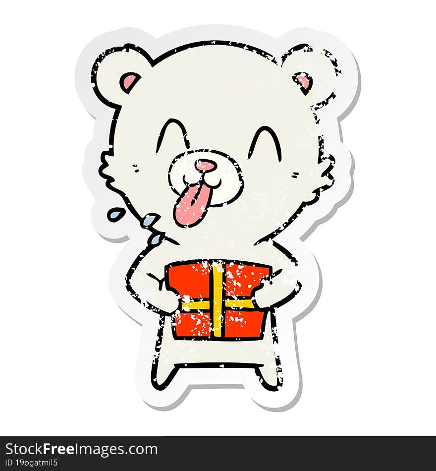 distressed sticker of a rude cartoon polar bear sticking out tongue with present