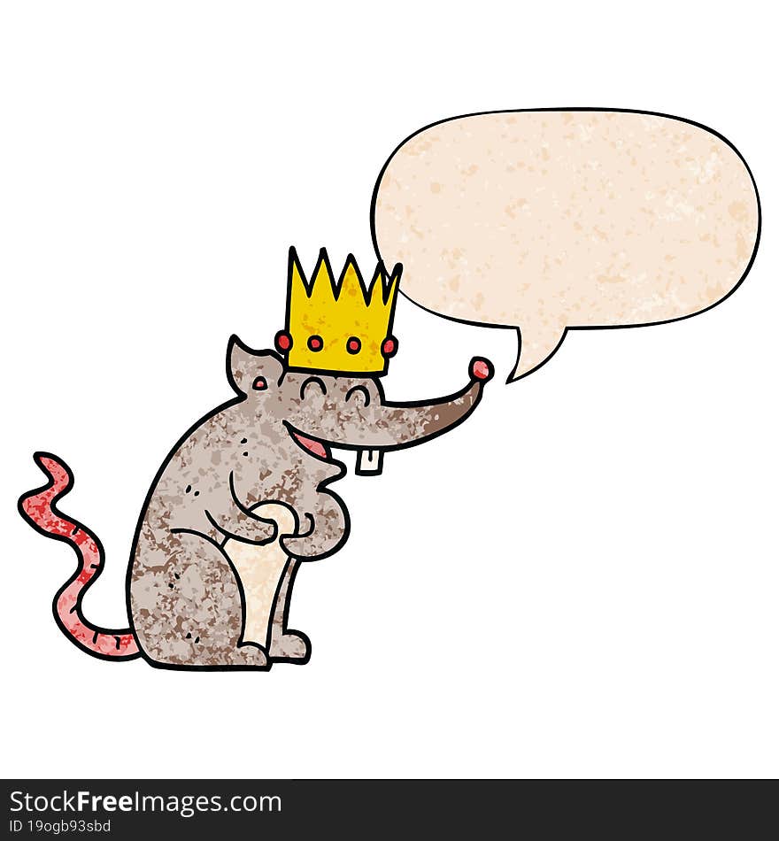 cartoon rat king laughing and speech bubble in retro texture style