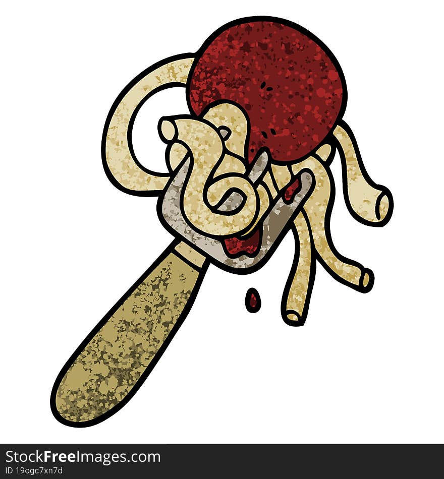 grunge textured illustration cartoon spaghetti and meatballs on fork