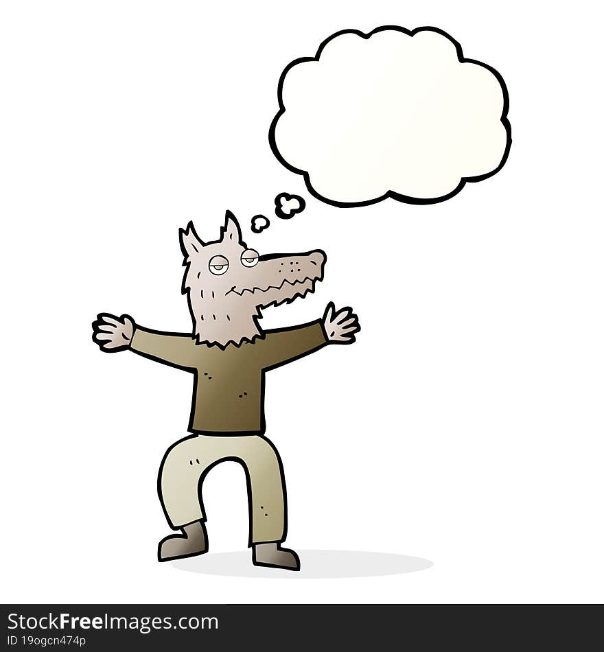 cartoon wolf man with thought bubble