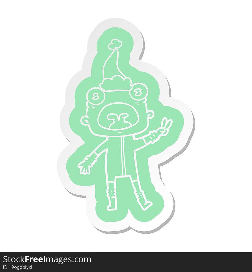 quirky cartoon  sticker of a weird alien waving wearing santa hat