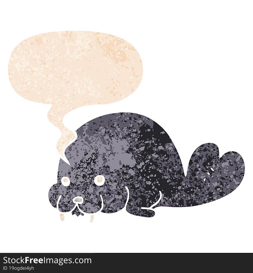 cute cartoon walrus and speech bubble in retro textured style