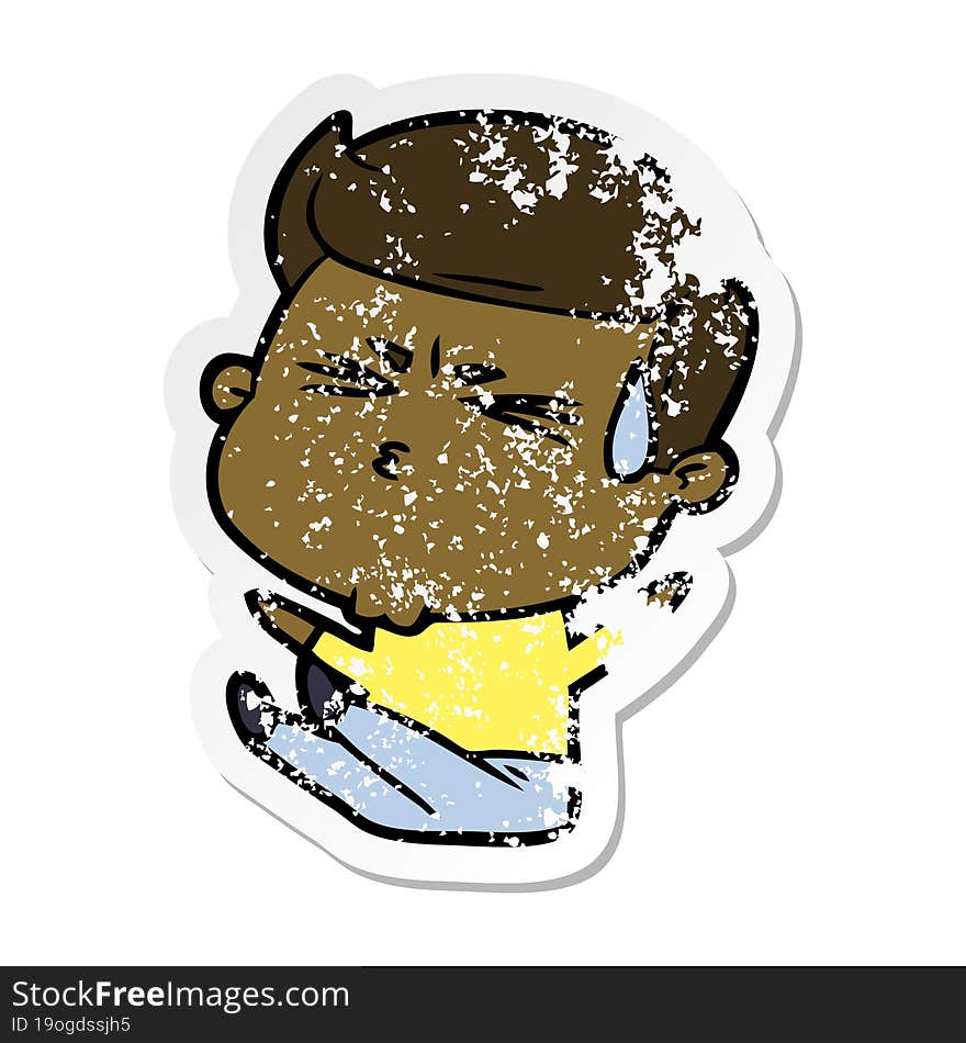 distressed sticker of a cartoon man sweating