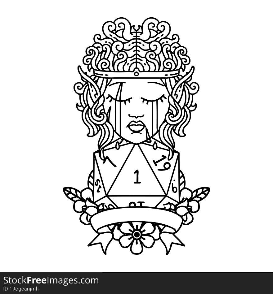 Black and White Tattoo linework Style sad elf barbarian character with natural one roll. Black and White Tattoo linework Style sad elf barbarian character with natural one roll